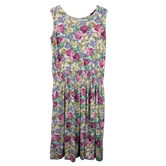 VTG Dennis Goldsmith Floral Smocked Waist Sleeveless Dress Sz L Bloomcore - Picture 1 of 7